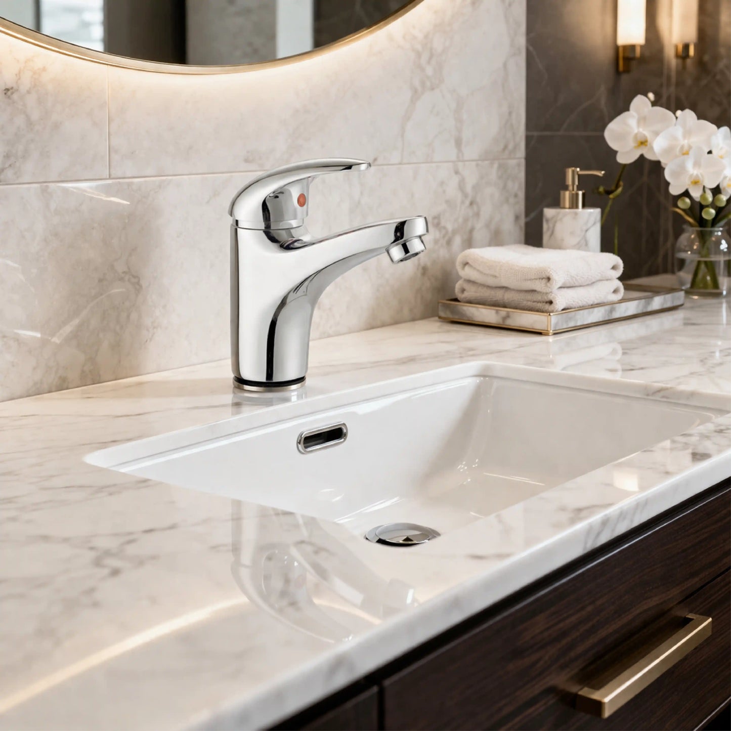 Sanitar AMBER-WB brass washbasin mixer with a polished chrome finish, featuring a sleek single-lever handle and a modern curved spout.