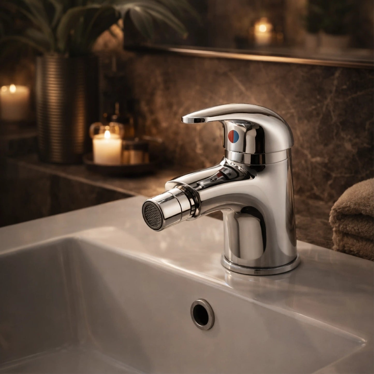 Sanitar AMBER-BT brass bidet mixer featuring a polished chrome finish, a modern single-lever handle, and a directional spout for precise water control.