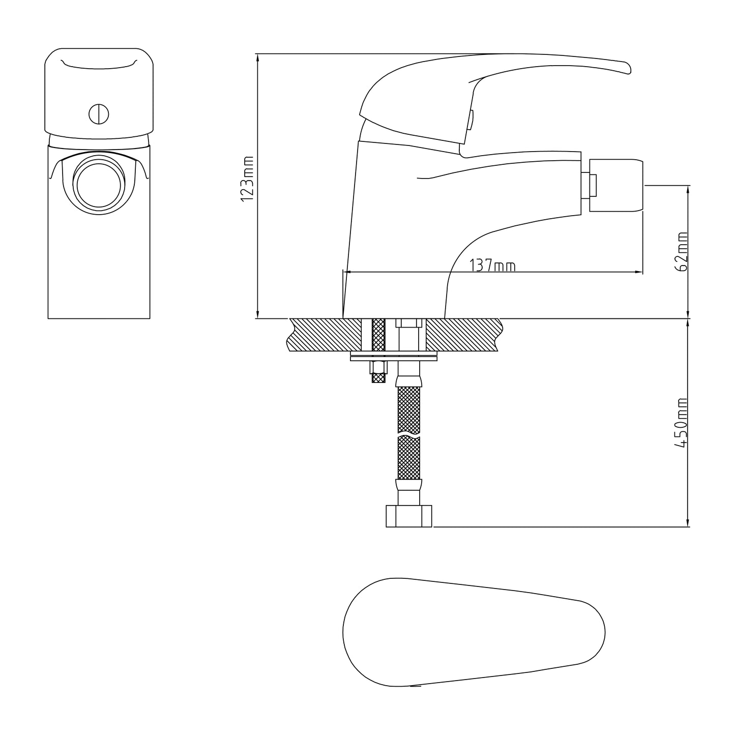 Technical drawing of a bathroom faucet with dimensions