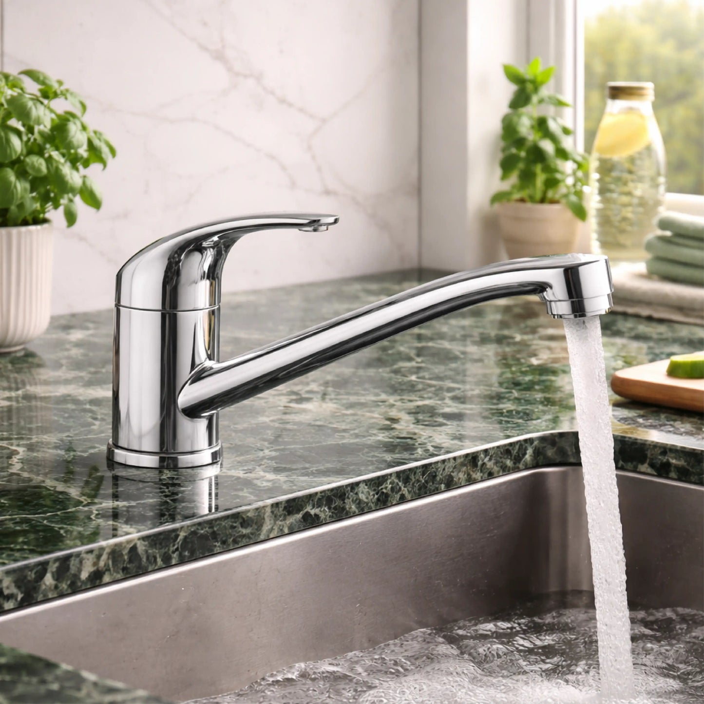 Sanitar AMBER-ZM5 brass kitchen sink mixer featuring a polished chrome finish, a modern single-lever handle, and an elegant swivel spout design.