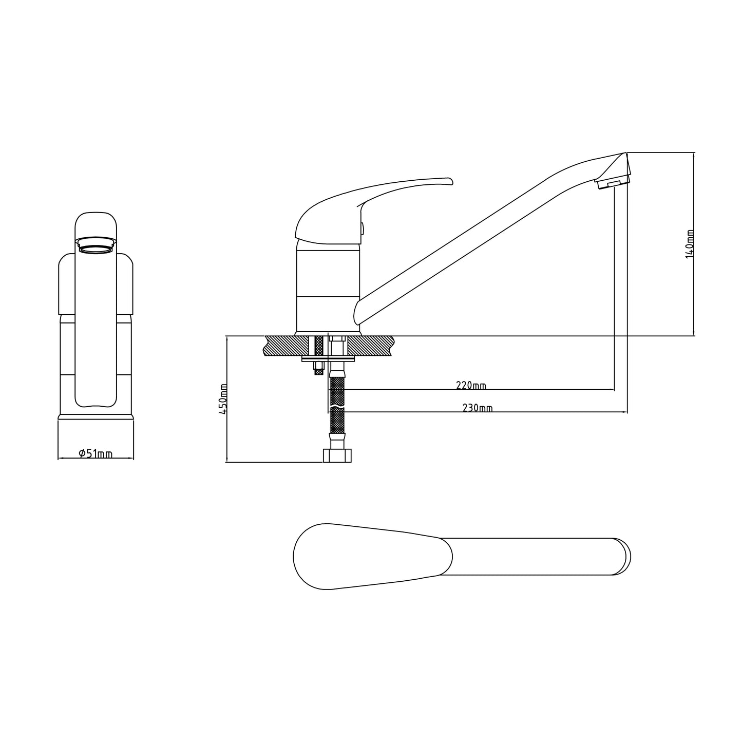Technical drawing of a kitchen faucet with dimensions on a white background