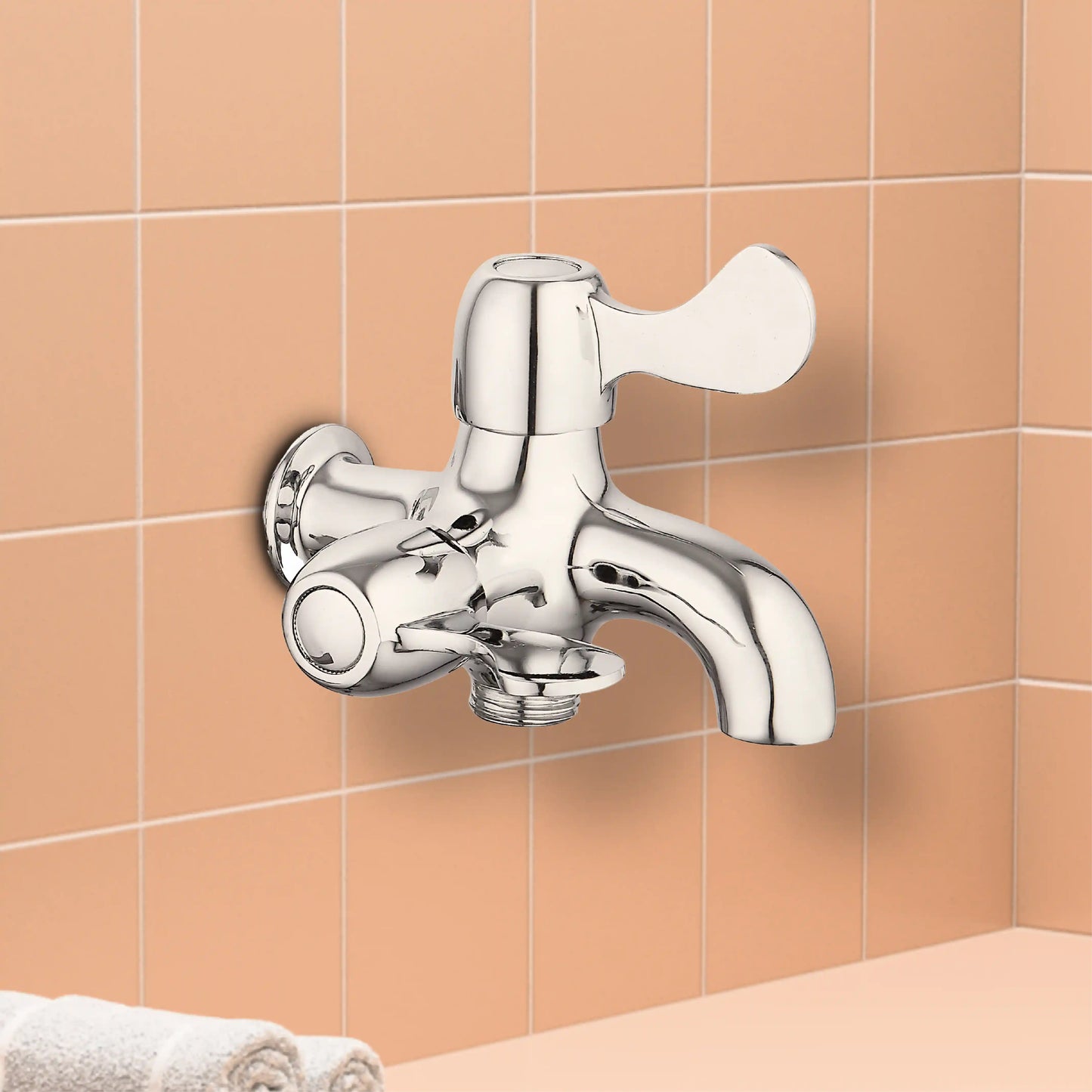 Sanitar SANI-2W51-HT brass 2-way bibcock featuring a polished chrome finish with dual-control knobs and a versatile twin-outlet spout design