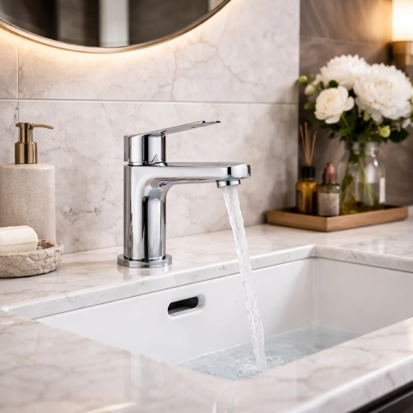 Sanitar COB-WB premium brass washbasin mixer featuring a polished chrome finish with a modern single-lever handle and a sleek fixed spout design.
