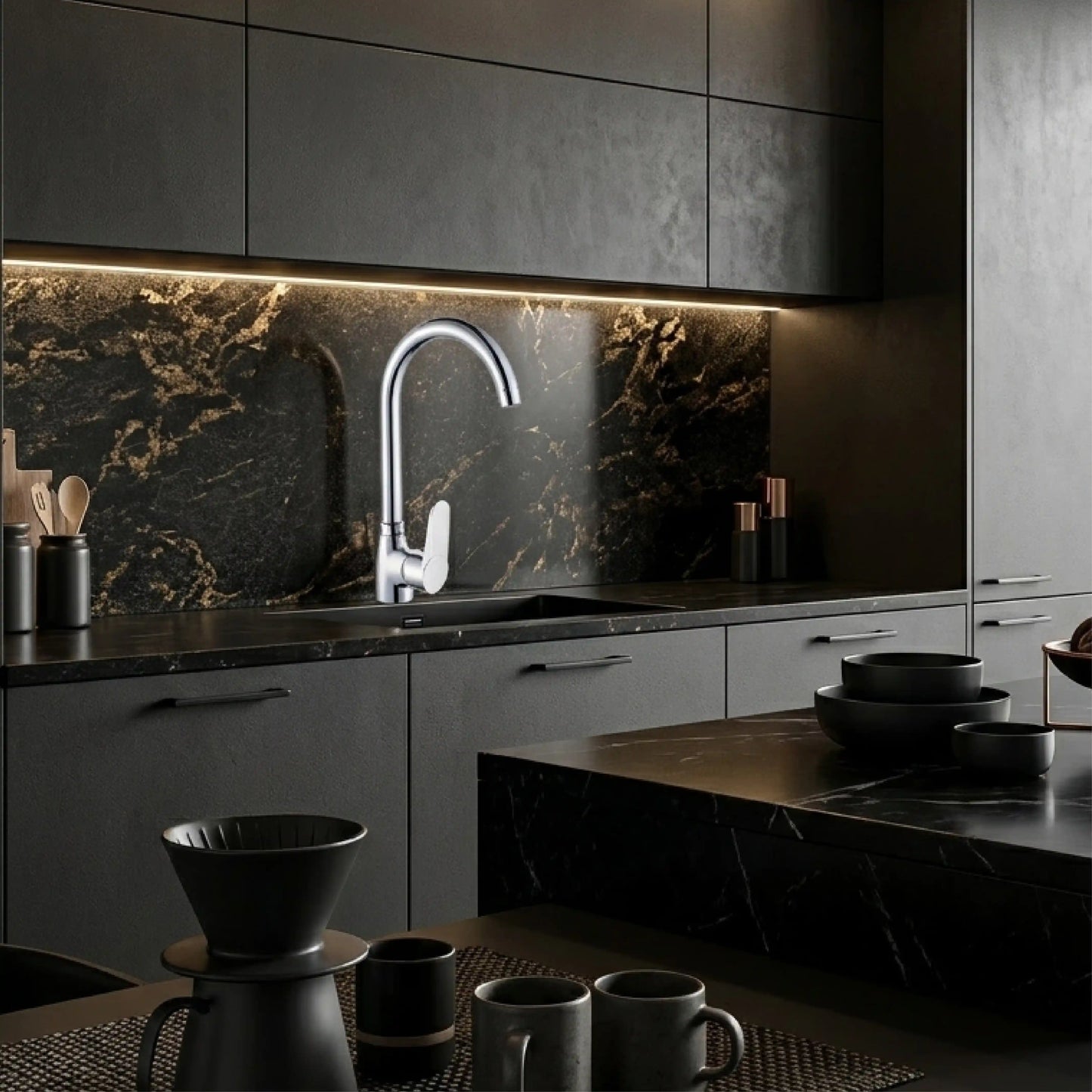 Sanitar CORAL-KM brass kitchen sink mixer featuring a polished chrome finish with a modern single-lever handle and an ergonomic swivel spout.