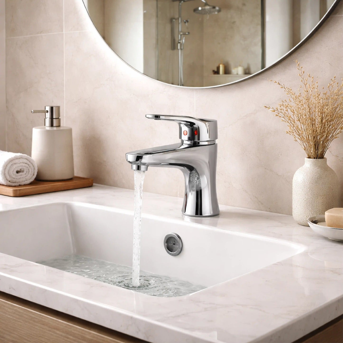 Sanitar CORAL-WB brass washbasin mixer featuring a polished chrome finish with a modern single-lever handle and a curved fixed spout.