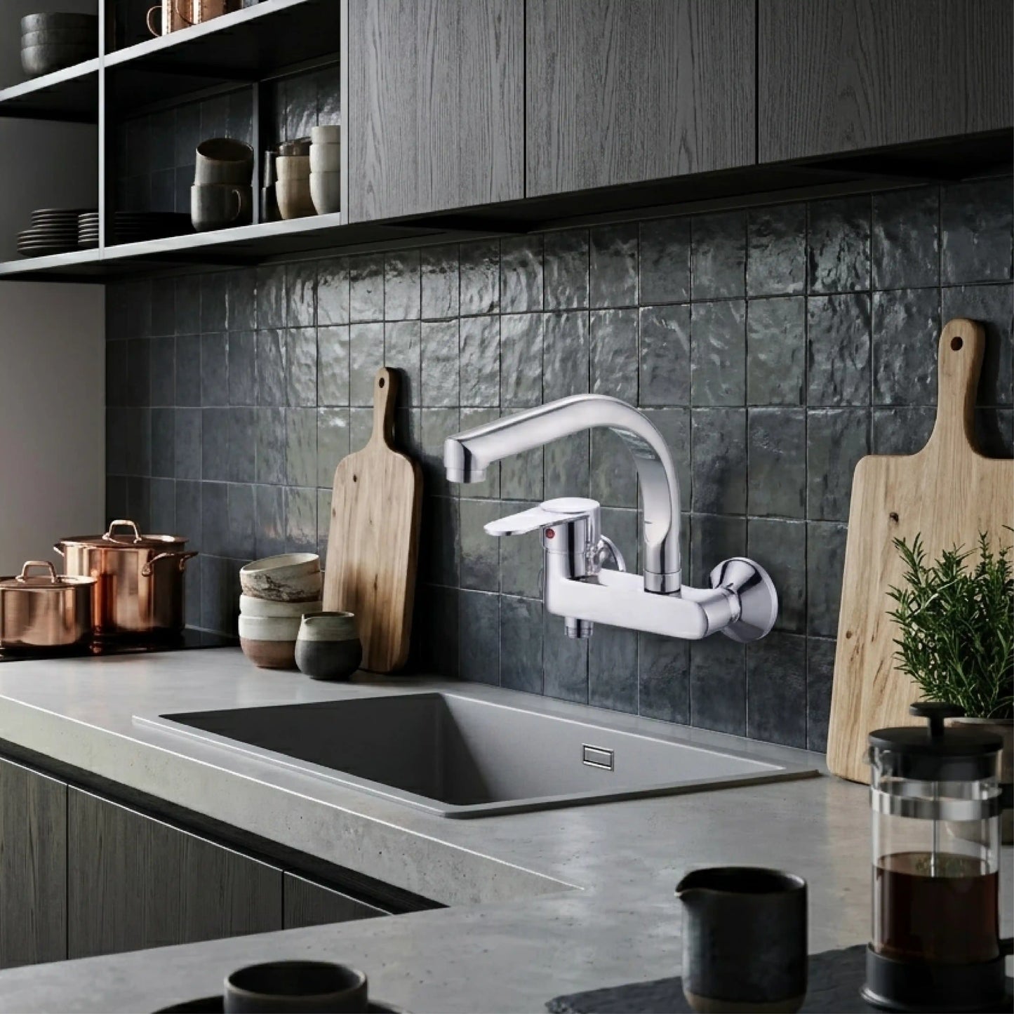 Sanitar CORAL-WSM wall-mounted brass kitchen sink mixer featuring a polished chrome finish, a single-lever handle, and an ergonomic swivel spout.