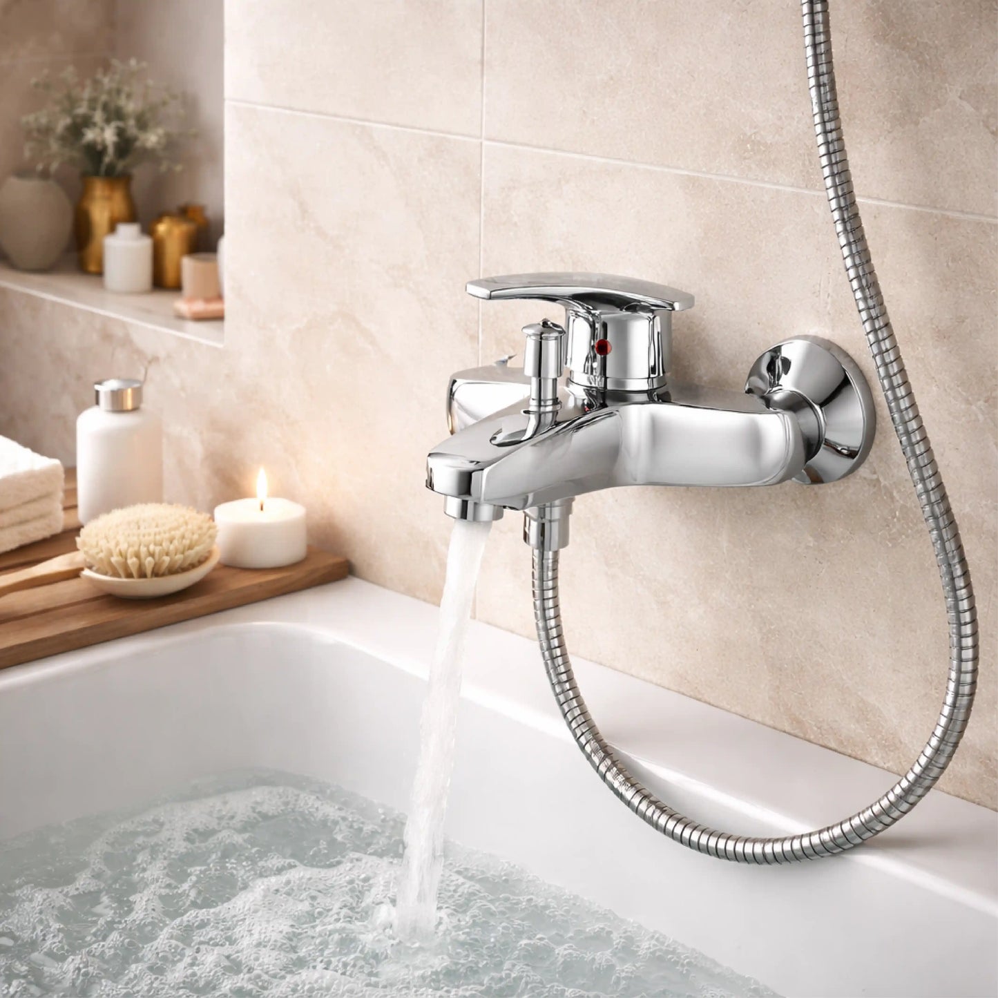 Sanitar CRYSTAL-BM wall-mounted zinc bath mixer with a polished chrome finish, featuring single handle controls and a sleek diverter spout.
