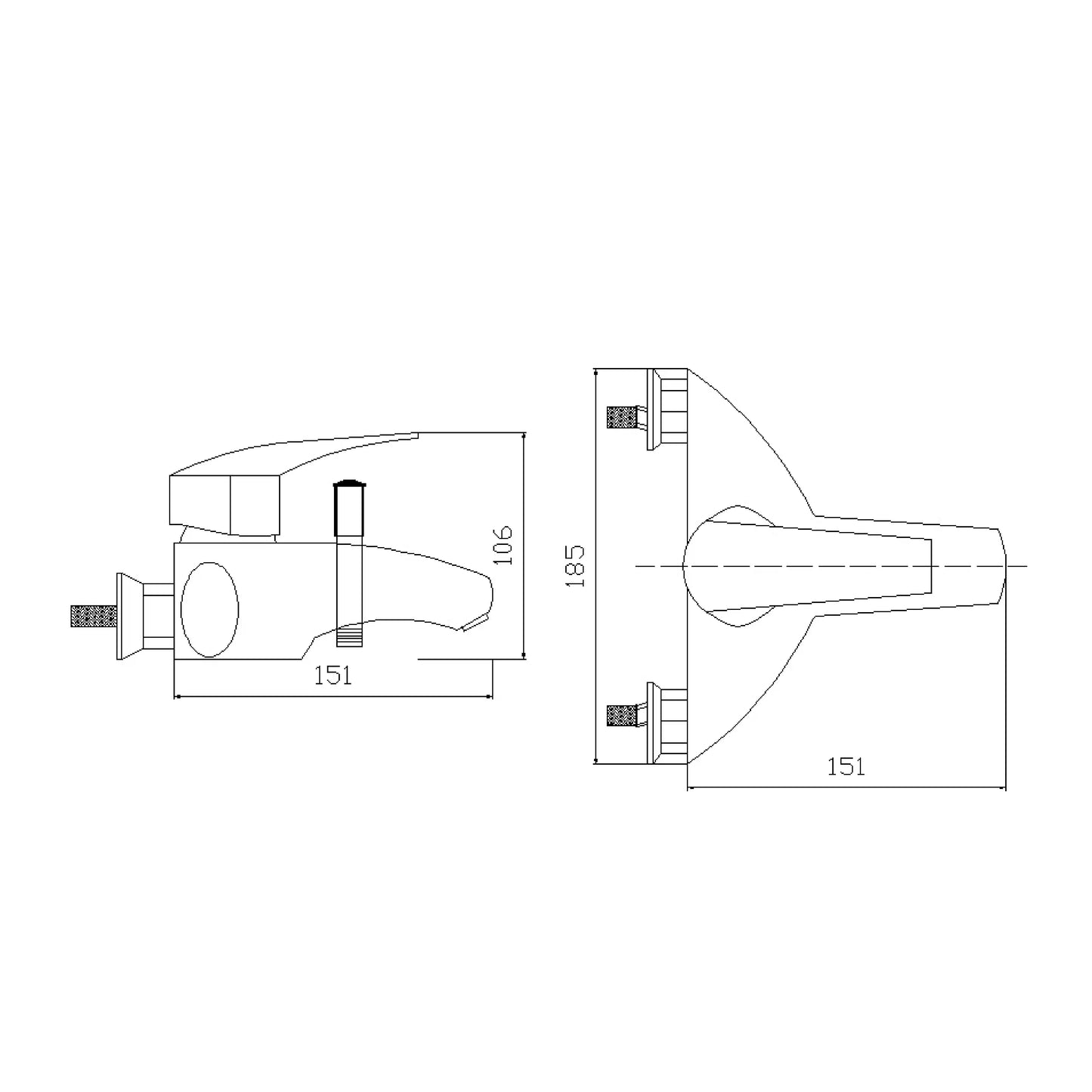 Technical drawing of a zinc bath mixer with dimensions on a white background