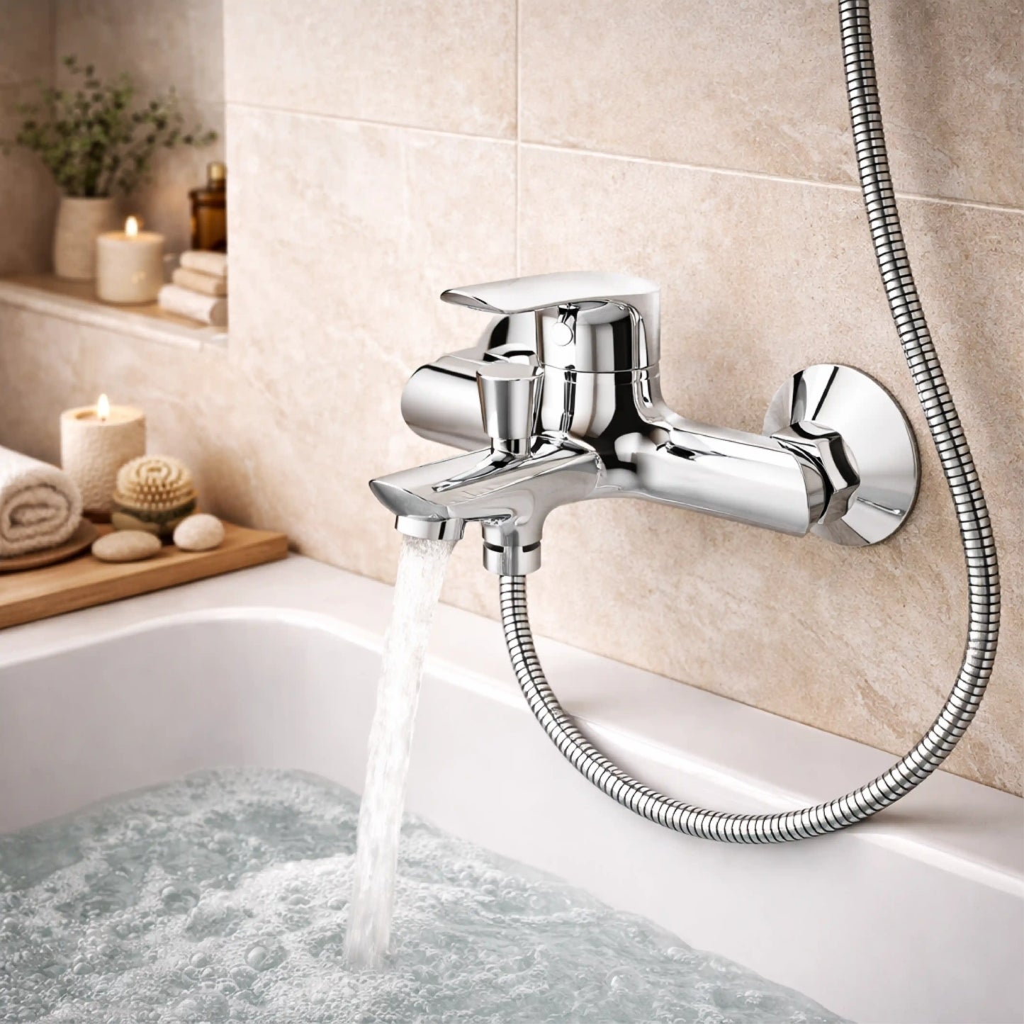 Sanitar DELI-BM premium brass wall-mounted bath mixer with polished chrome finish, single-lever handle, and sleek fixed spout design