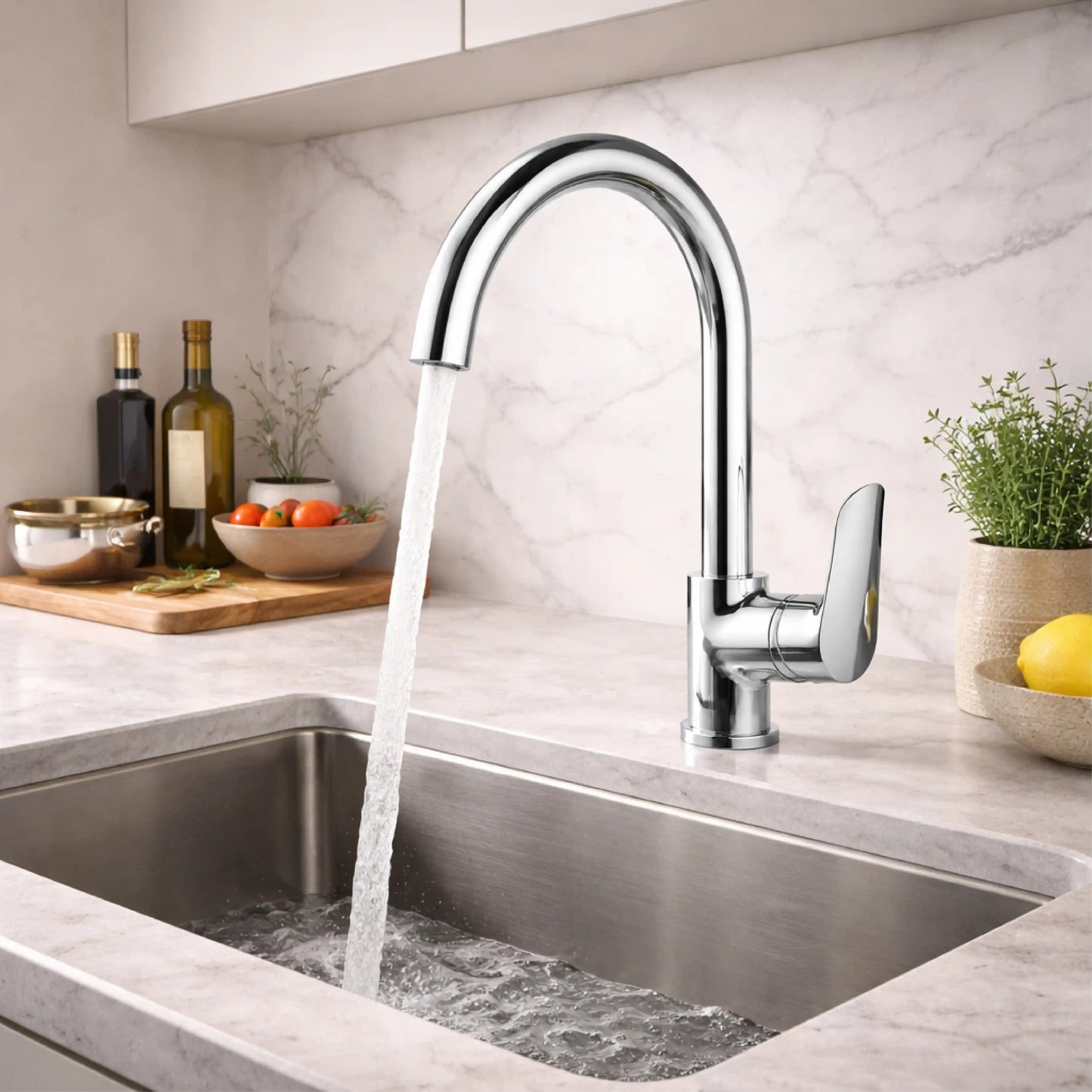 Sanitar DELI-KM premium brass kitchen sink mixer featuring a polished chrome finish, a modern single-lever handle, and an ergonomic swivel spout.