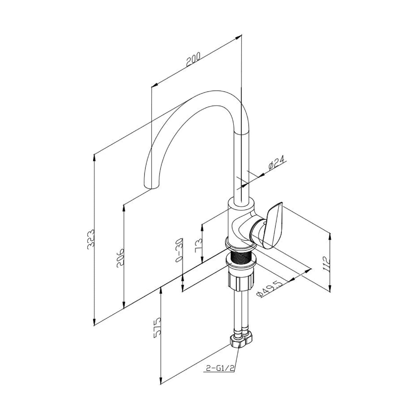Technical drawing of a brass kitchen sink faucet with dimensions