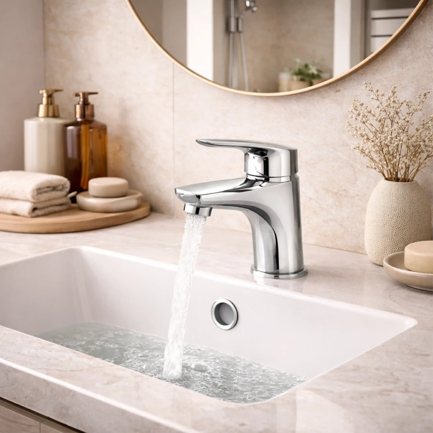Sanitar DELI-WB brass washbasin mixer featuring a polished chrome finish, a sleek single-lever handle, and a modern fixed spout.