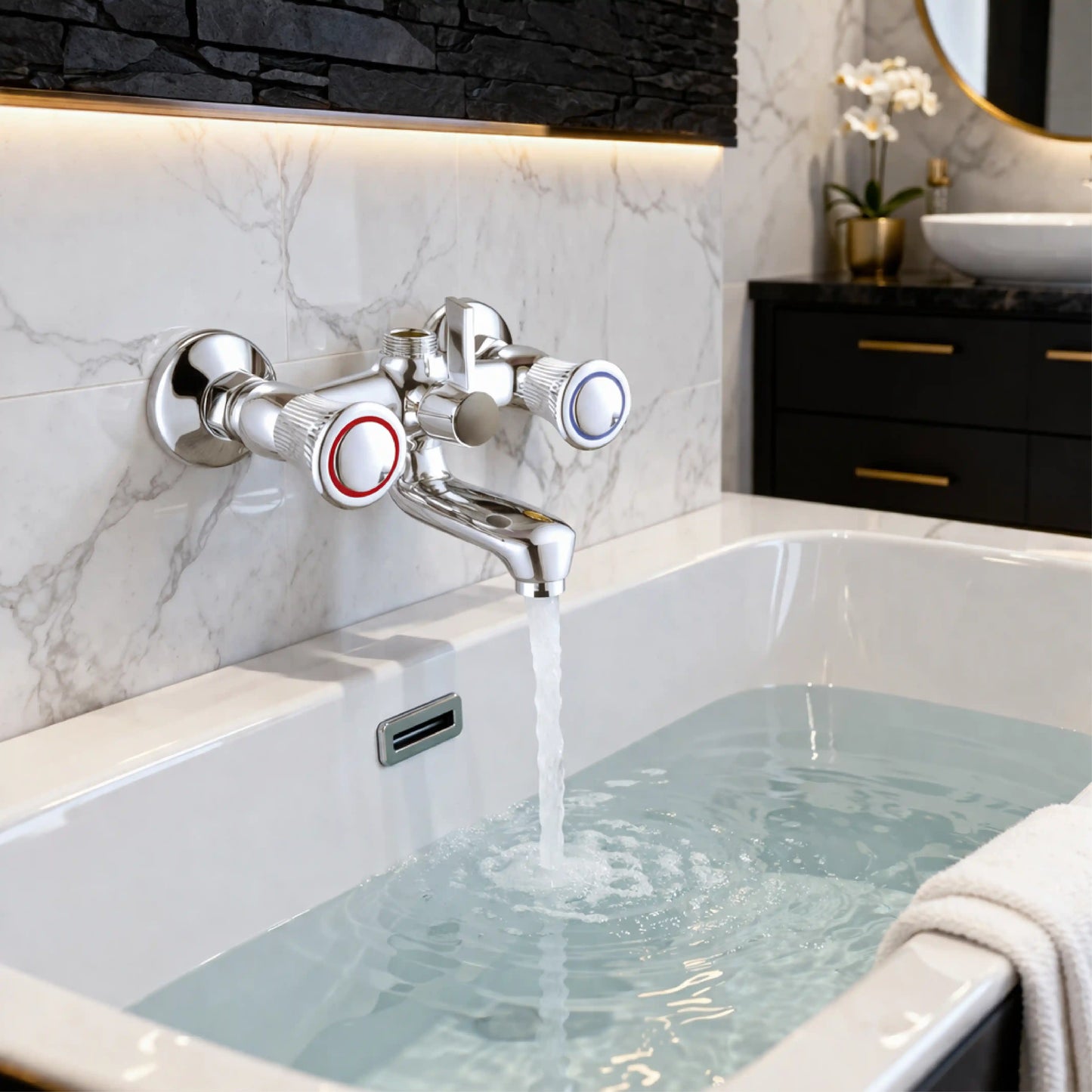Sanitar DIAMOND-BM wall-mounted brass bath mixer with a polished chrome finish, featuring an ergonomic single-lever handle and a sleek integrated spout.