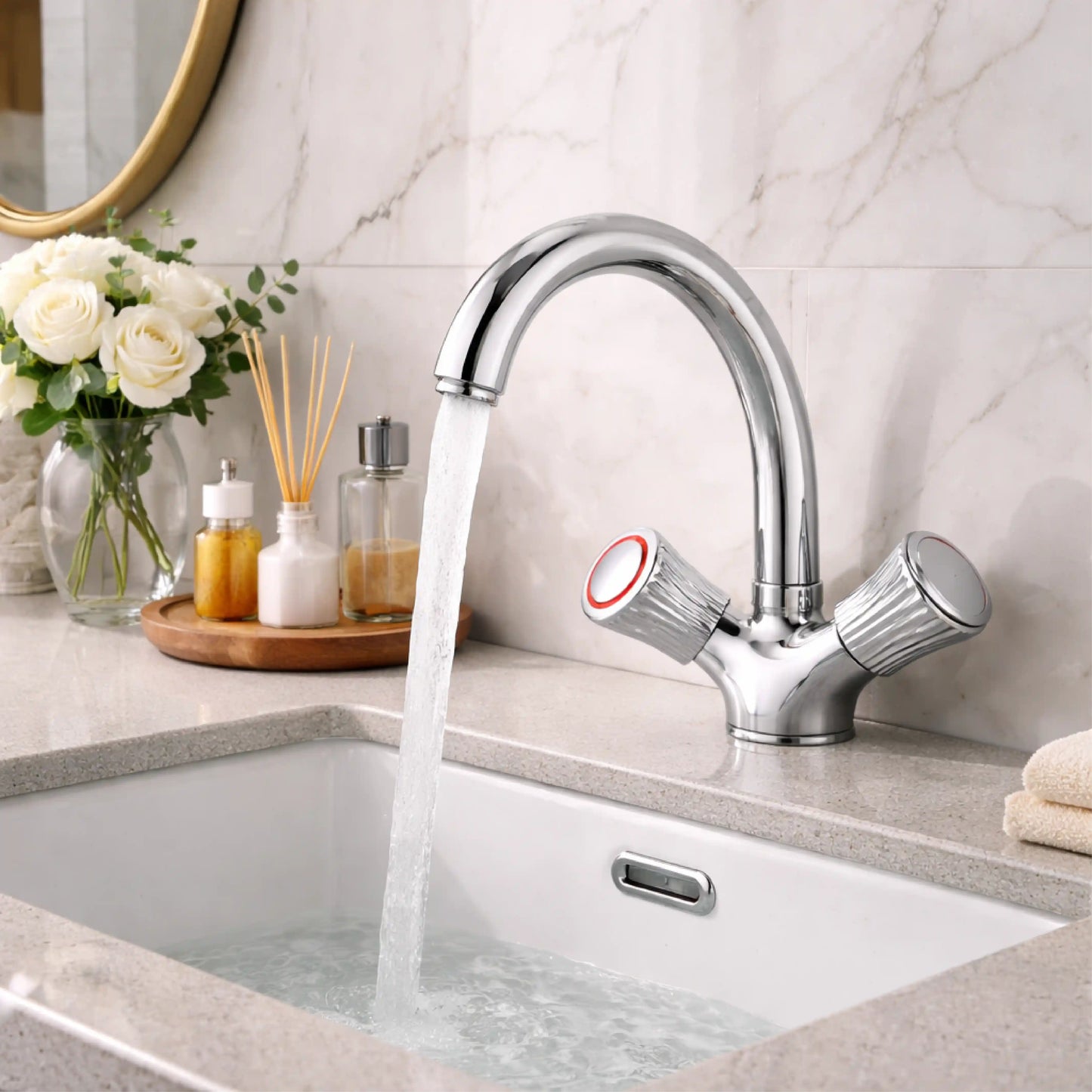 Sanitar DIAMOND-WB premium zinc washbasin mixer featuring a polished chrome finish with a modern double-lever handle and an elegant fixed spout.