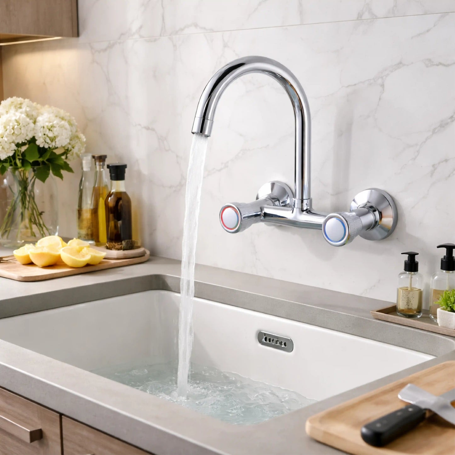 Sanitar DIAMOND-WSM wall-mounted zinc sink mixer featuring a polished chrome finish, a sleek double-lever handle, and a modern swivel spout.