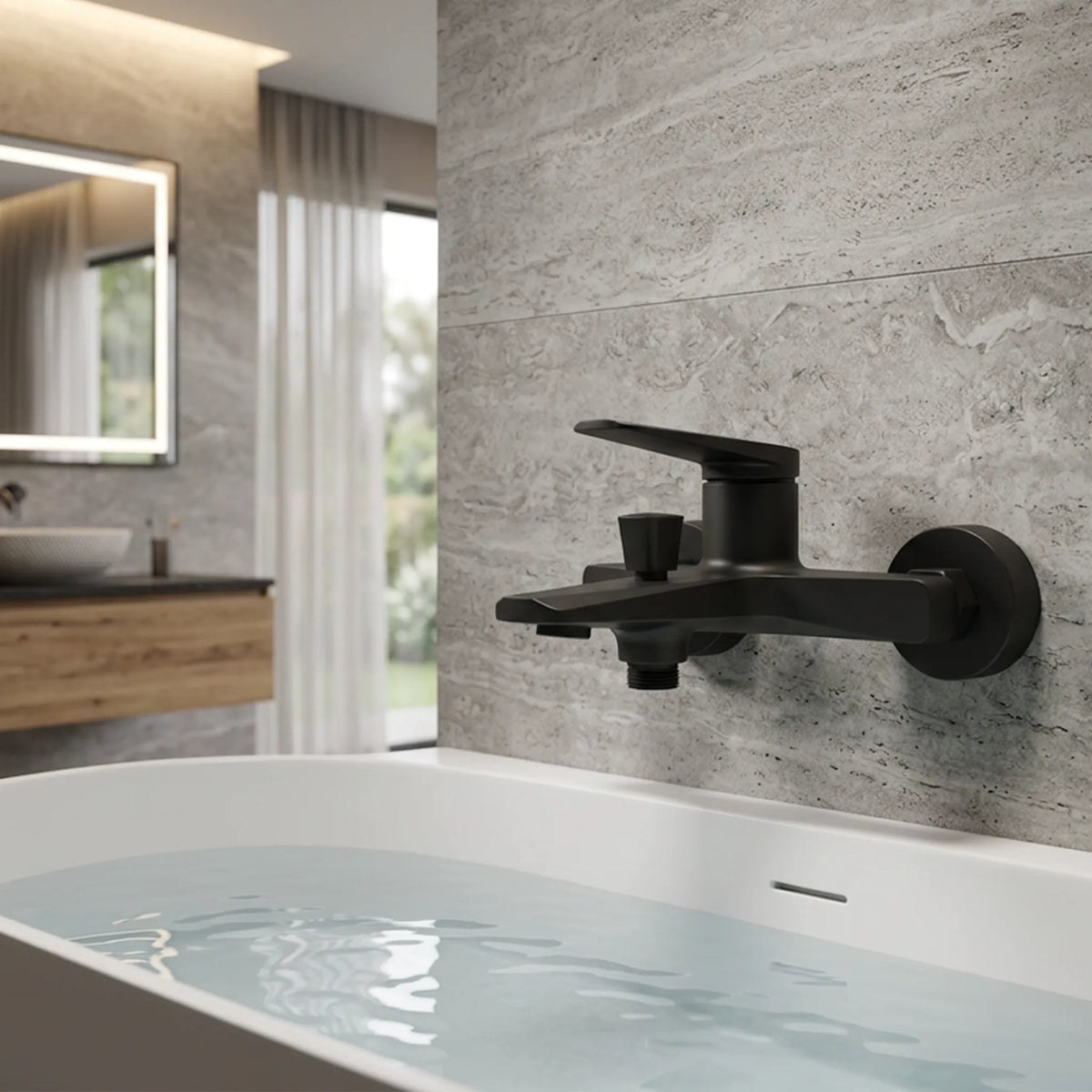Sanitar ATRI-BM BL wall-mounted bath and shower mixer in matte black, featuring a modern single-lever handle, tapered square diverter, and a geometric flat spout.