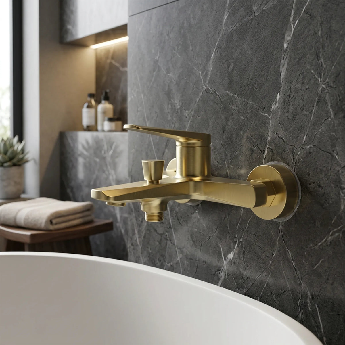 Sanitar ATRI-BM BGD wall-mounted brass bath mixer with a brushed gold finish, integrated square pull-knob diverter, and a single-lever handle.