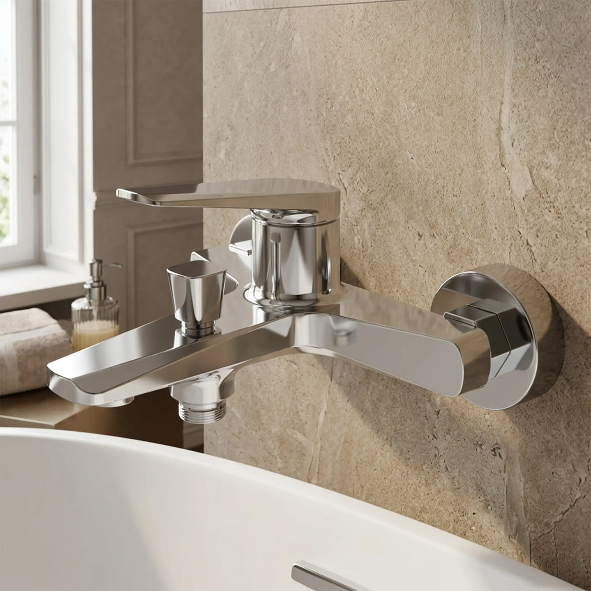 Sanitar ATRI-BM wall-mounted bath and shower mixer in polished chrome, featuring a single-lever handle, tapered square diverter, and a spout with a curved center channel.