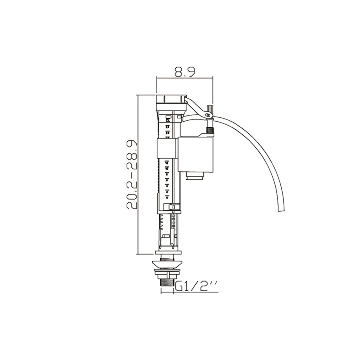 Technical dimensional schematic drawing of GRCN 1PPTI4 E05 Grande bottom inlet valve showing G1/2 inch thread and height range