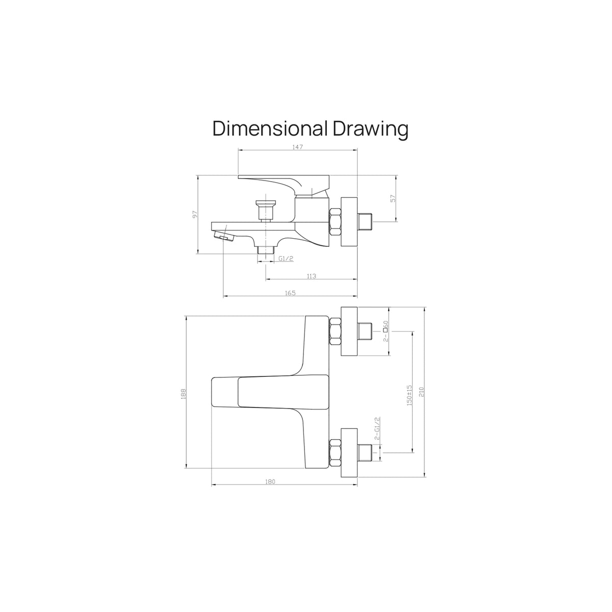 Case BM bath mixer dimensional drawing