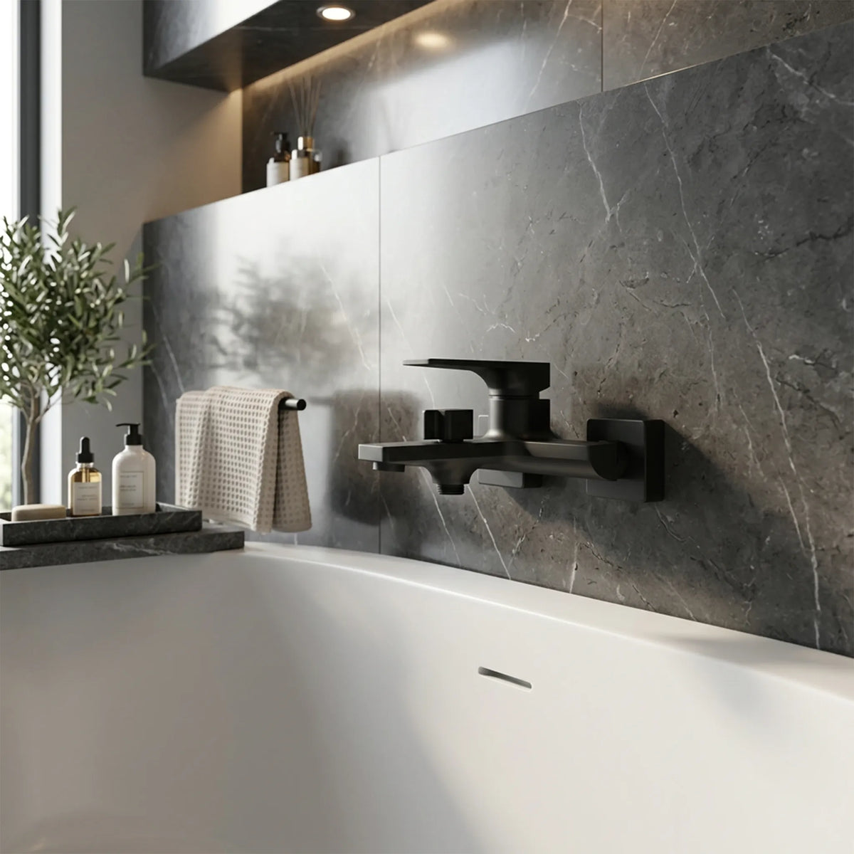 A matte black wall-mounted bathtub faucet installed above a white freestanding tub in a modern bathroom with dark stone wall panels, a towel, and toiletries.