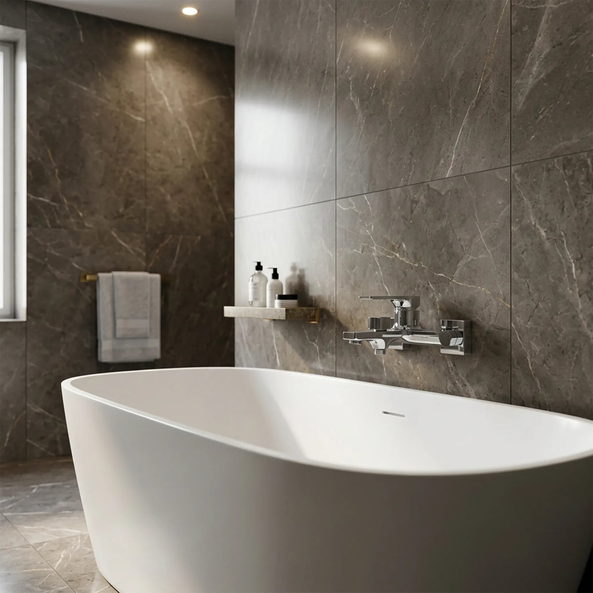 A modern freestanding white bathtub in a luxury bathroom with dark gray marble-look tiled walls and floor, a chrome wall-mounted faucet, a small floating shelf with toiletries, and a towel hanging on a gold rail.