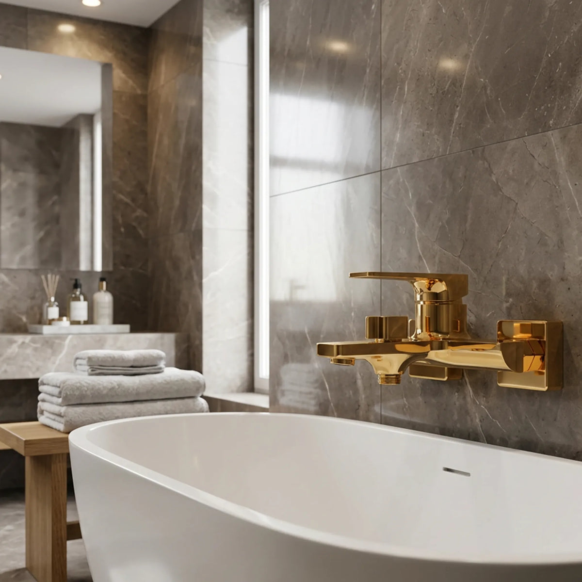 A modern freestanding bathtub in a luxury bathroom with dark marble walls and a prominent polished gold wall-mounted faucet.