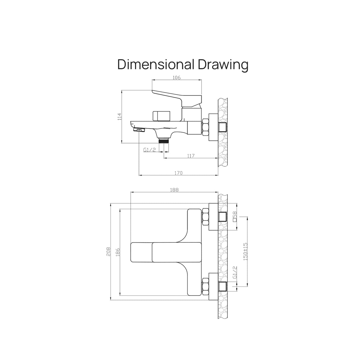 Cent BM bath mixer dimensional drawing