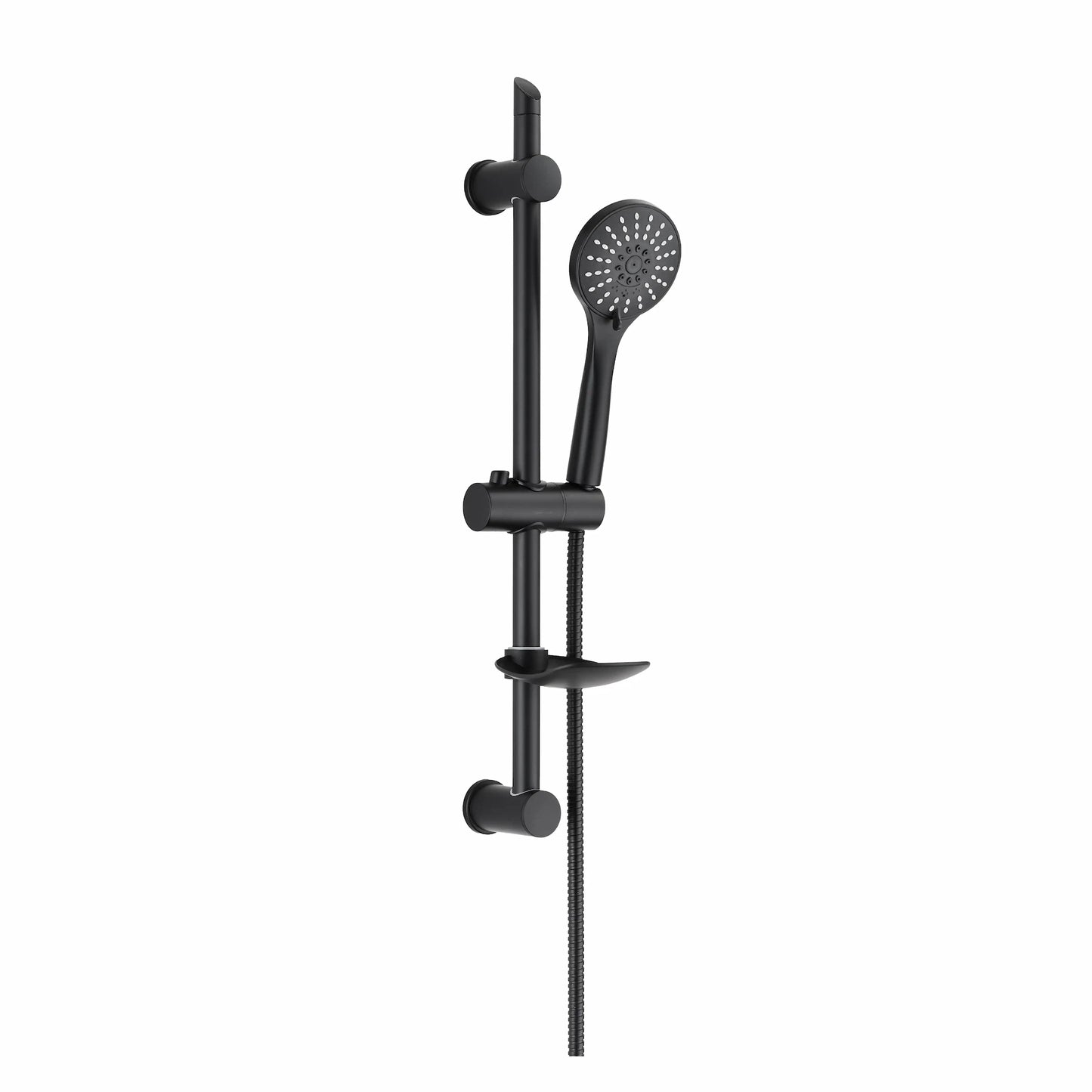 Contemporary matte black slider rail shower kit, model Grande BLK 1 (GRCNRZNSS5 F04), featuring a circular multi-pattern handheld shower head, an adjustable wall-mounted slide bar, an attached matching soap dish tray, and a flexible textured hose against a white studio background.