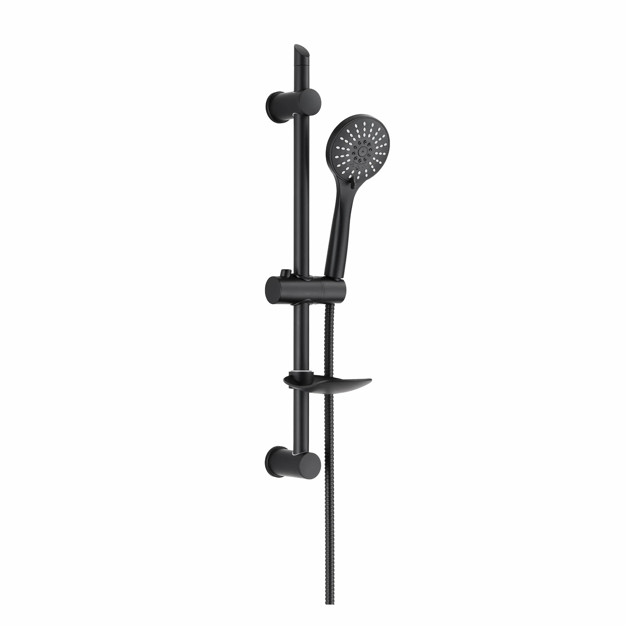 Contemporary matte black slider rail shower kit, model Grande BLK 1 (GRCNRZNSS5 F04), featuring a circular multi-pattern handheld shower head, an adjustable wall-mounted slide bar, an attached matching soap dish tray, and a flexible textured hose against a white studio background.