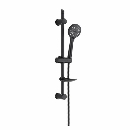 Contemporary matte black slider rail shower kit, model Grande BLK 1 (GRCNRZNSS5 F04), featuring a circular multi-pattern handheld shower head, an adjustable wall-mounted slide bar, an attached matching soap dish tray, and a flexible textured hose against a white studio background.