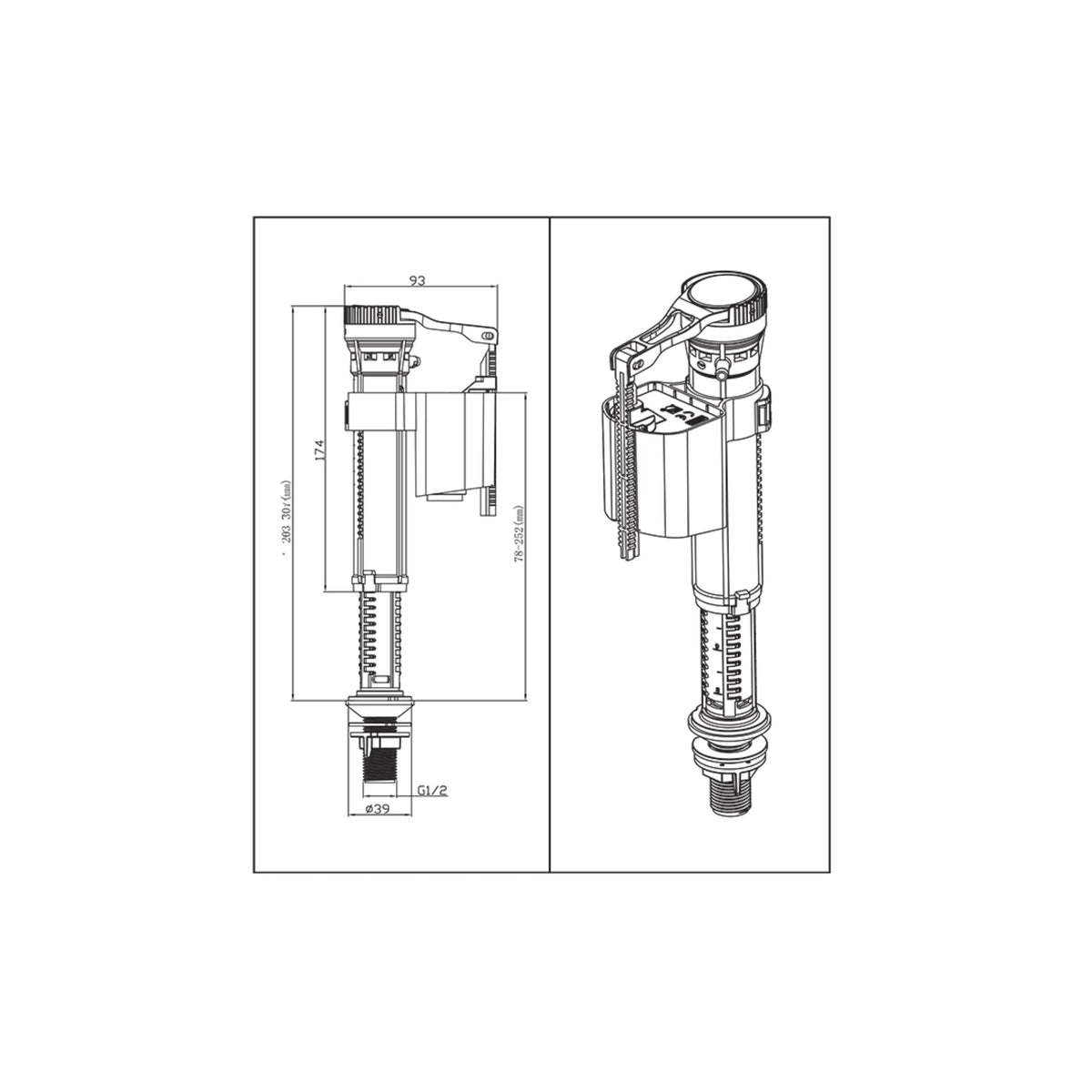 Technical dimensional diagram for Grande Bottom Inlet Valve SKU GRCN 1PPTI4 E08 showing G 1/2 inch thread and 203-307 mm height range.