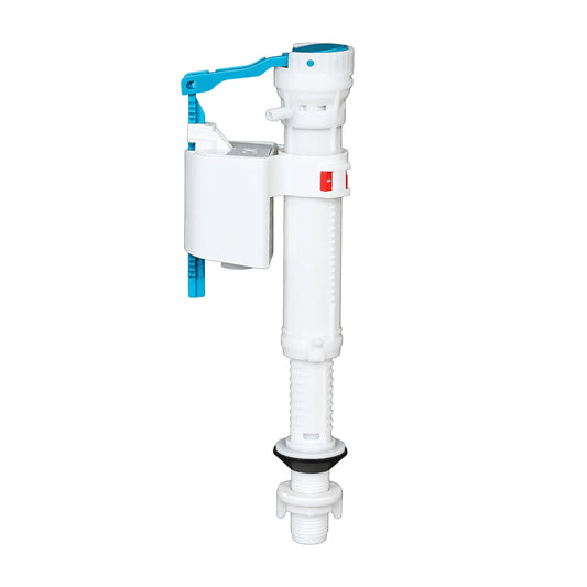 Grande Bottom Inlet Valve SKU GRCN 1PPTI4 E08 white plastic toilet cistern fill mechanism with blue accent isolated on white background.