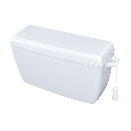 Grande Flush Tank SKU GRCN IPPFT4 E09 side pull white toilet tank isolated on white background.