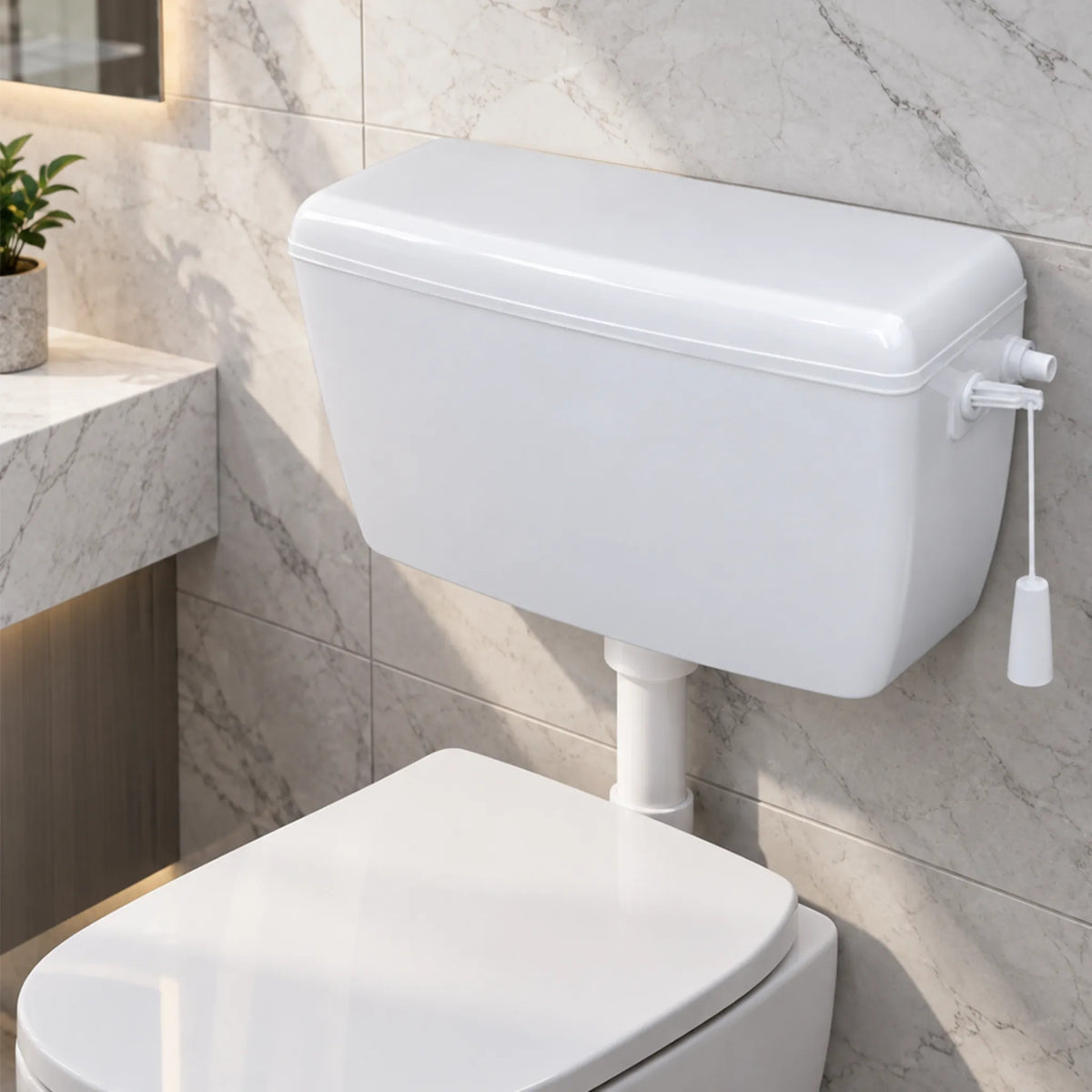 Grande Flush Tank SKU GRCN IPPFT4 E09 installed on a tiled bathroom wall with pull chain mechanism.