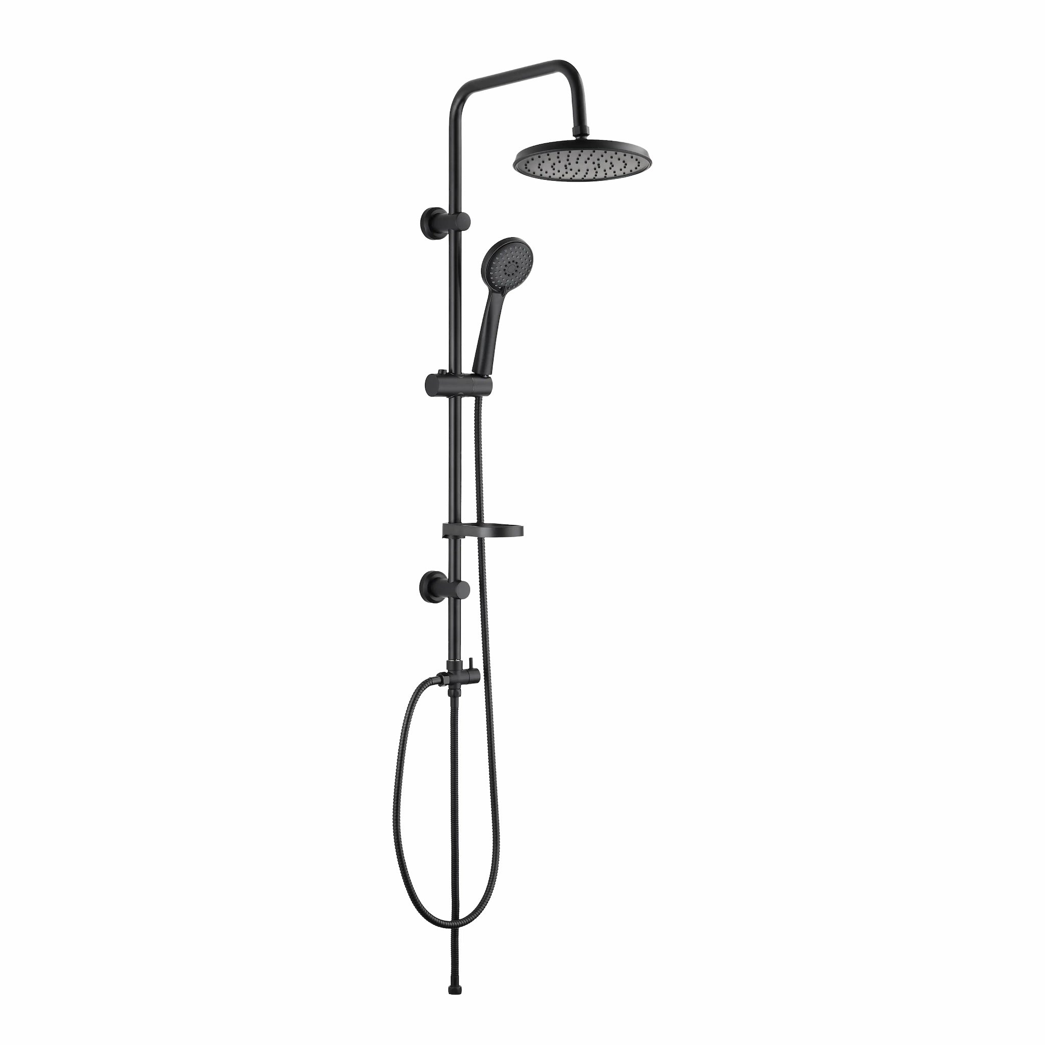 Full matte black dual shower rail system, model Grande BLKRND 2 (GRCNRZNDS5 F05), displaying a large circular overhead rain shower head, a matching round hand shower resting on an adjustable slide bracket, a small built-in soap tray, and a flexible black hose against a white studio backdrop.