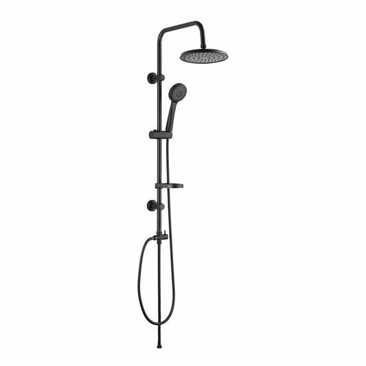 Full matte black dual shower rail system, model Grande BLKRND 2 (GRCNRZNDS5 F05), displaying a large circular overhead rain shower head, a matching round hand shower resting on an adjustable slide bracket, a small built-in soap tray, and a flexible black hose against a white studio backdrop.