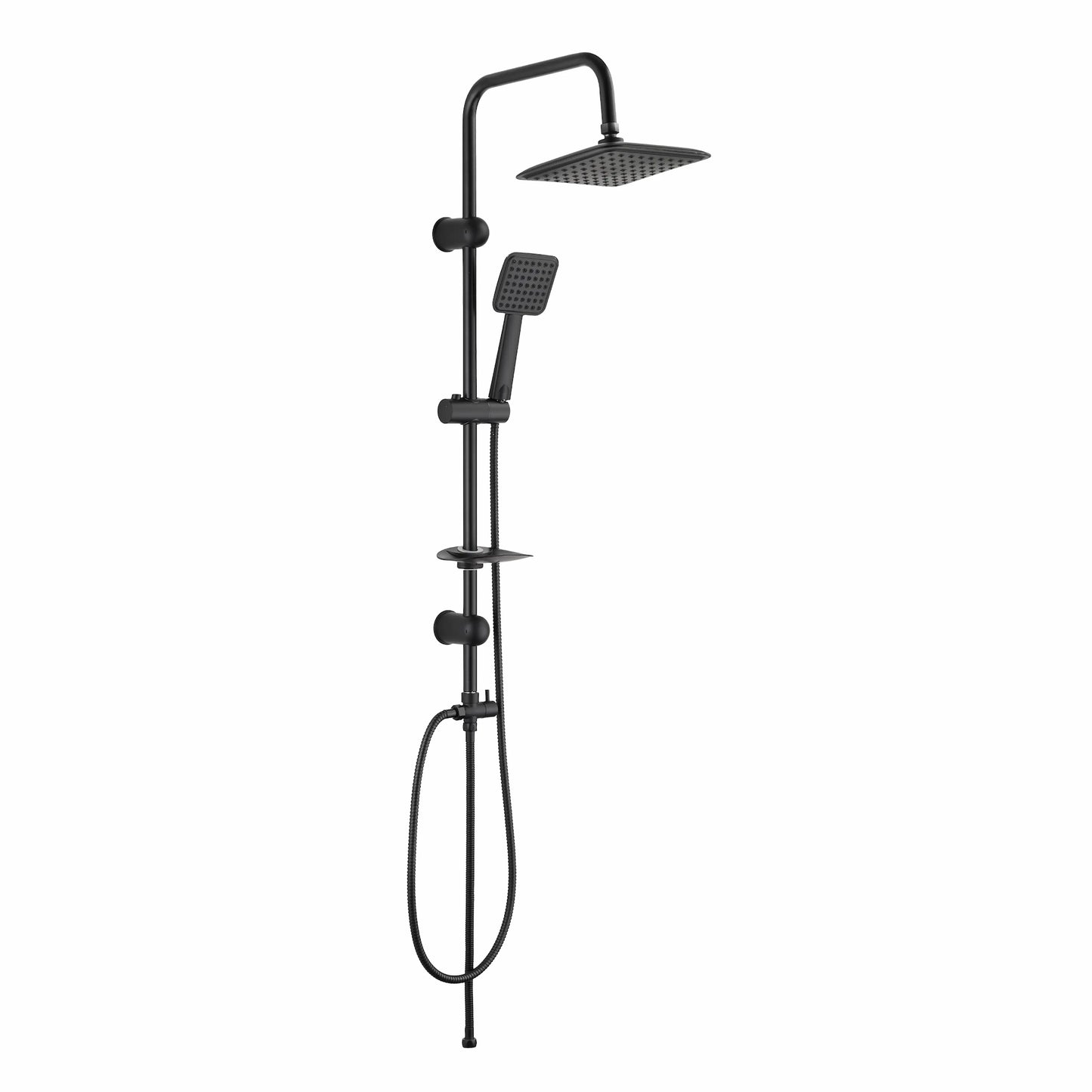 Modern matte black square dual shower rail system, model Grande BLKSQR 2 (GRCNSZNDS5 F06), featuring a crisp square overhead rain shower head, a matching square hand shower on a slide bar, an integrated soap tray, and a flexible black hose against a white studio background.