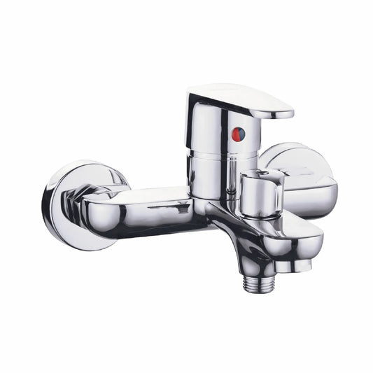 Modern wall-mounted chrome bath mixer tap, model Grande LAMI-BM, featuring a single top lever with hot/cold indicators, a sleek manual diverter knob, and a high-shine reflective finish against a pure white background.