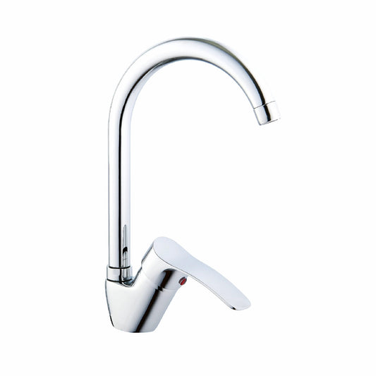Elegant deck-mounted kitchen sink mixer tap, model Grande MINA-ZM8, featuring a tall arched gooseneck spout, a smooth-operating single control lever with hot and cold temperature markers, and a pristine polished chrome finish on a white background.