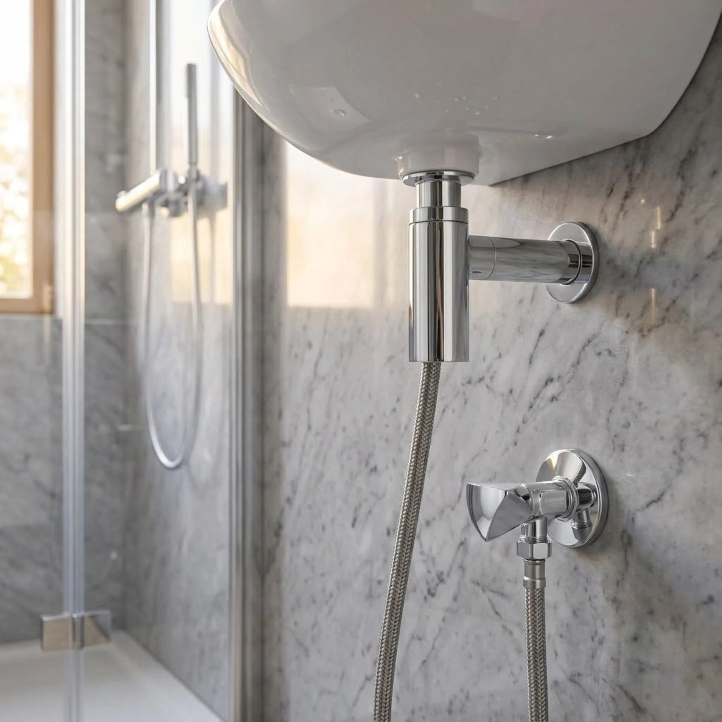 Close-up of a modern bathroom corner featuring a wall-mounted sink, a polished chrome P-trap, and a GROHE 1/2" chrome angle valve with a braided flexible connector, all set against a marble wall.
