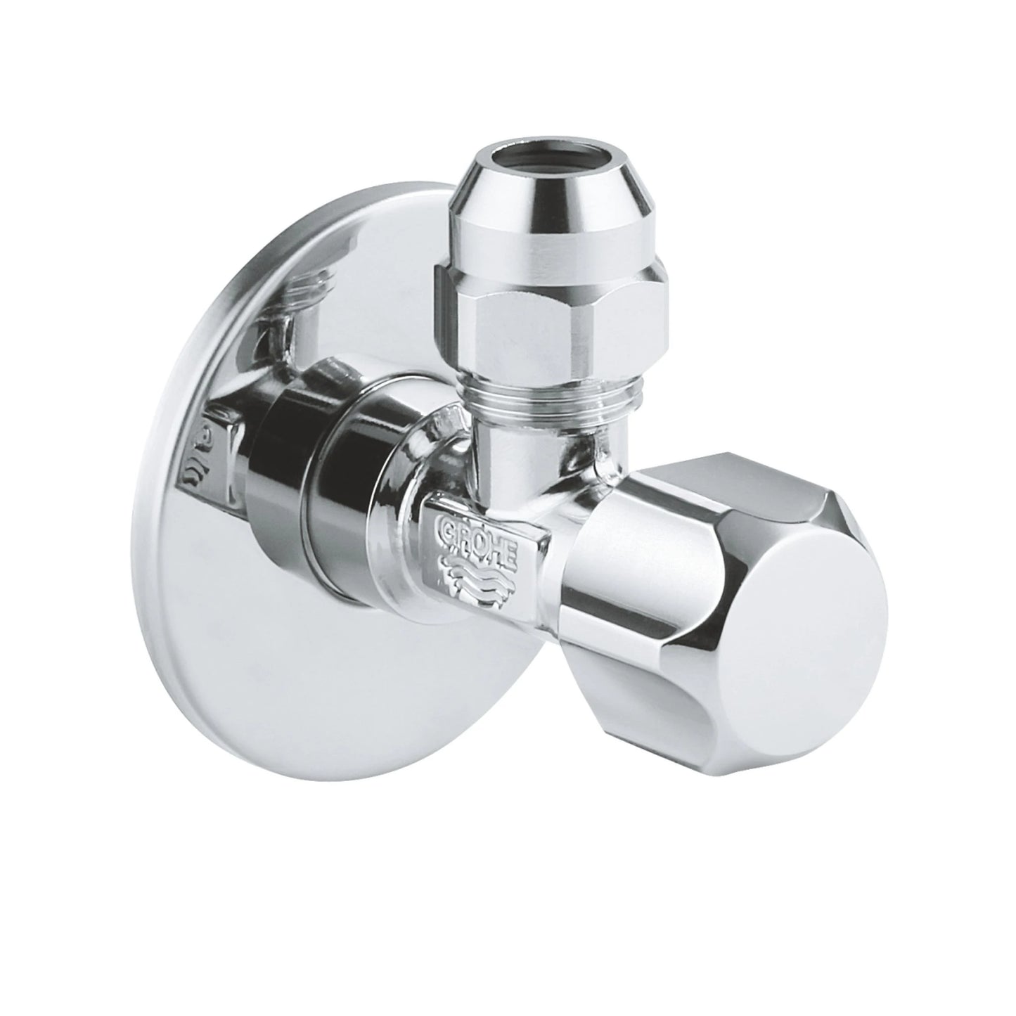 GROHE 2201800 chrome-plated brass angle valve with a 1/2-inch wall connection, 3/8-inch outlet, and a circular metal escutcheon.