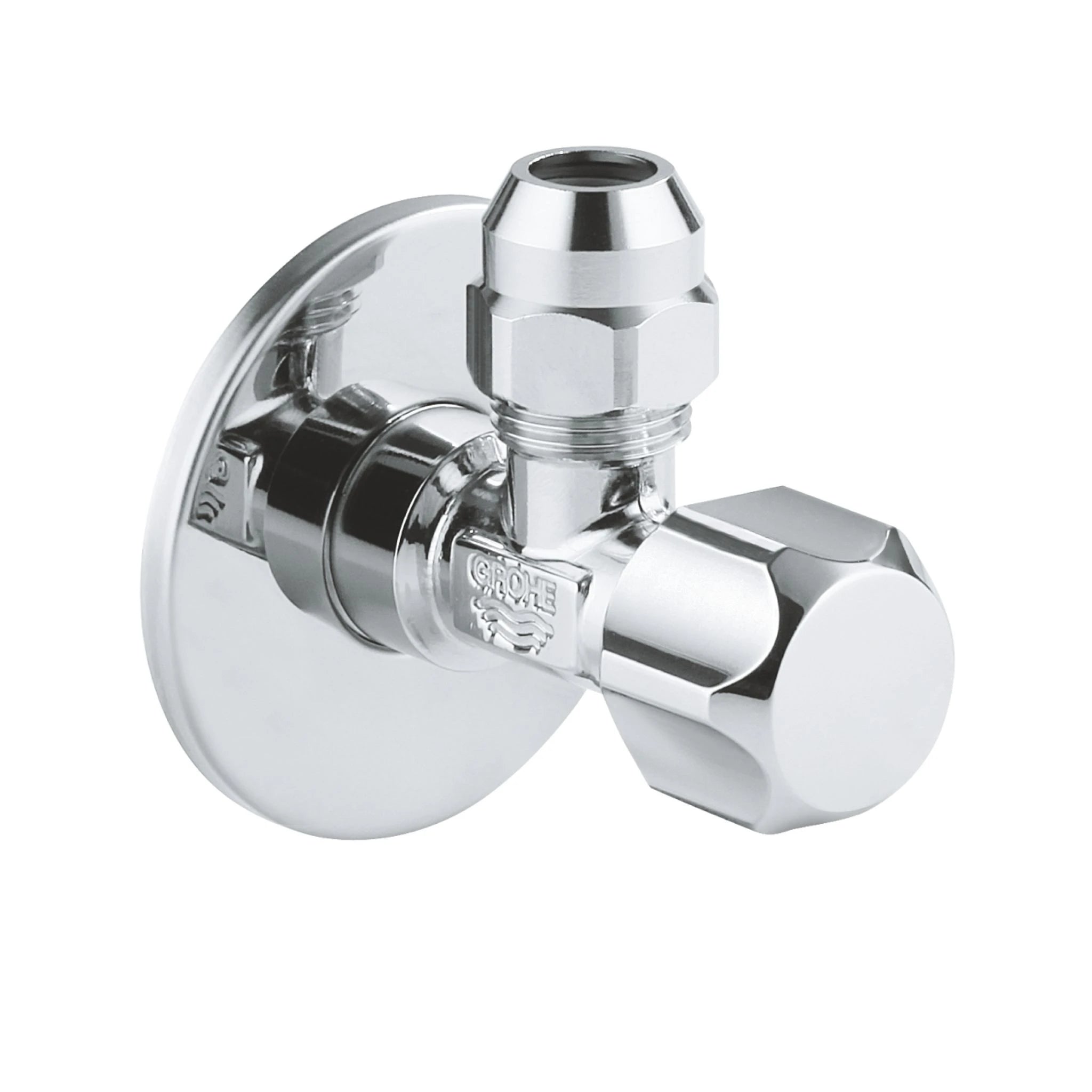 GROHE 2201800 chrome-plated brass angle valve with a 1/2-inch wall connection, 3/8-inch outlet, and a circular metal escutcheon.