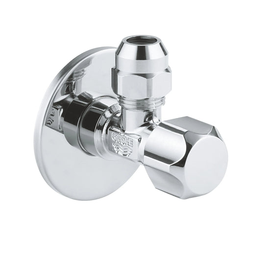 GROHE 2201800 chrome-plated brass angle valve with a 1/2-inch wall connection, 3/8-inch outlet, and a circular metal escutcheon.