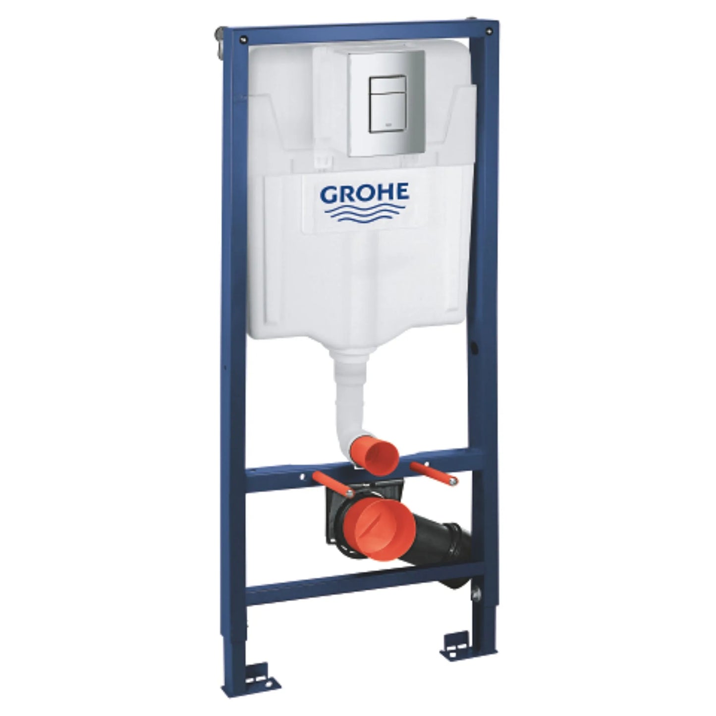 GROHE 38772 Rapid SL concealed toilet cistern system with a blue powder-coated steel frame, white PE cistern, and chrome dual-flush plate.