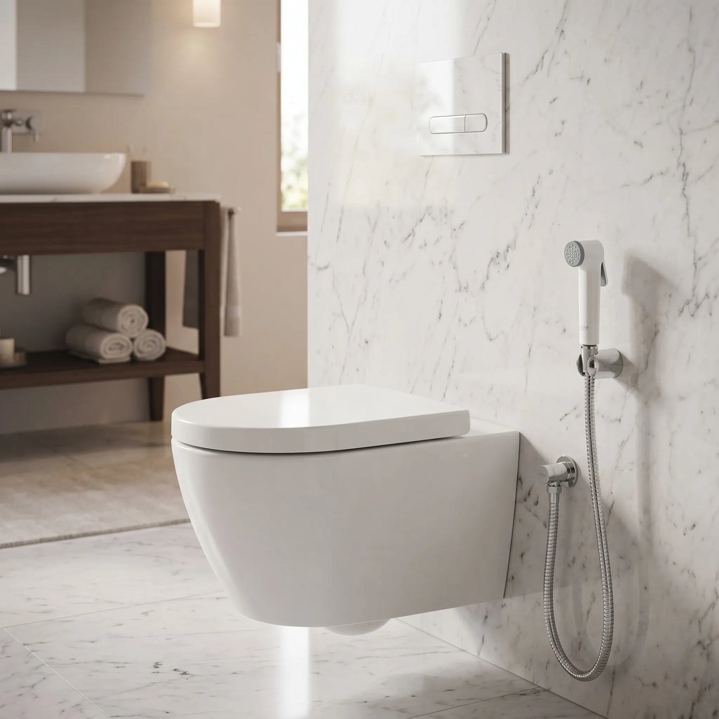 Luxury bathroom installation of a white GROHE Tempesta health faucet mounted on a marble wall next to a modern wall-hung toilet.
