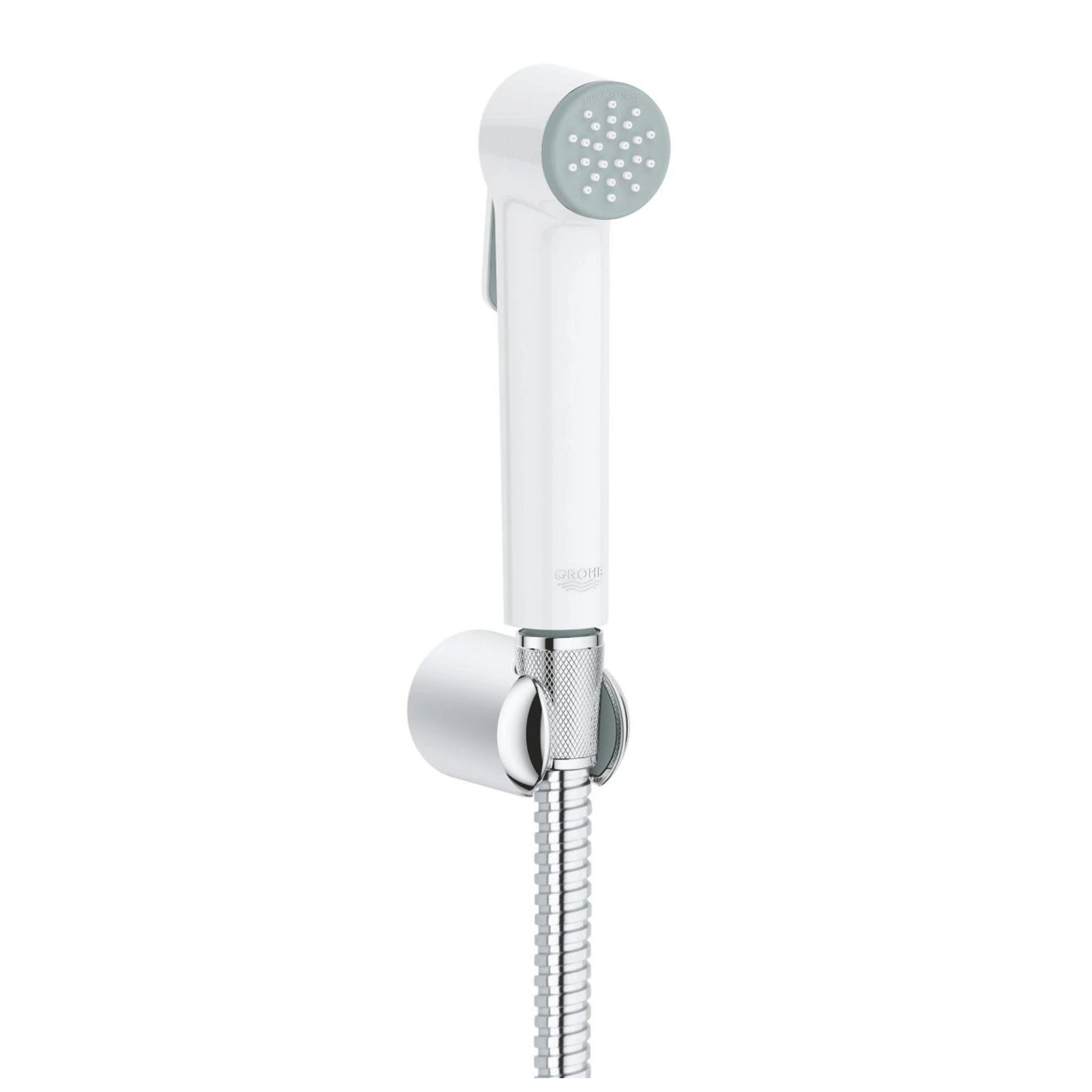 GROHE Tempesta-F white health faucet set featuring a trigger spray hand shower, chrome wall holder, and flexible metal shower hose.