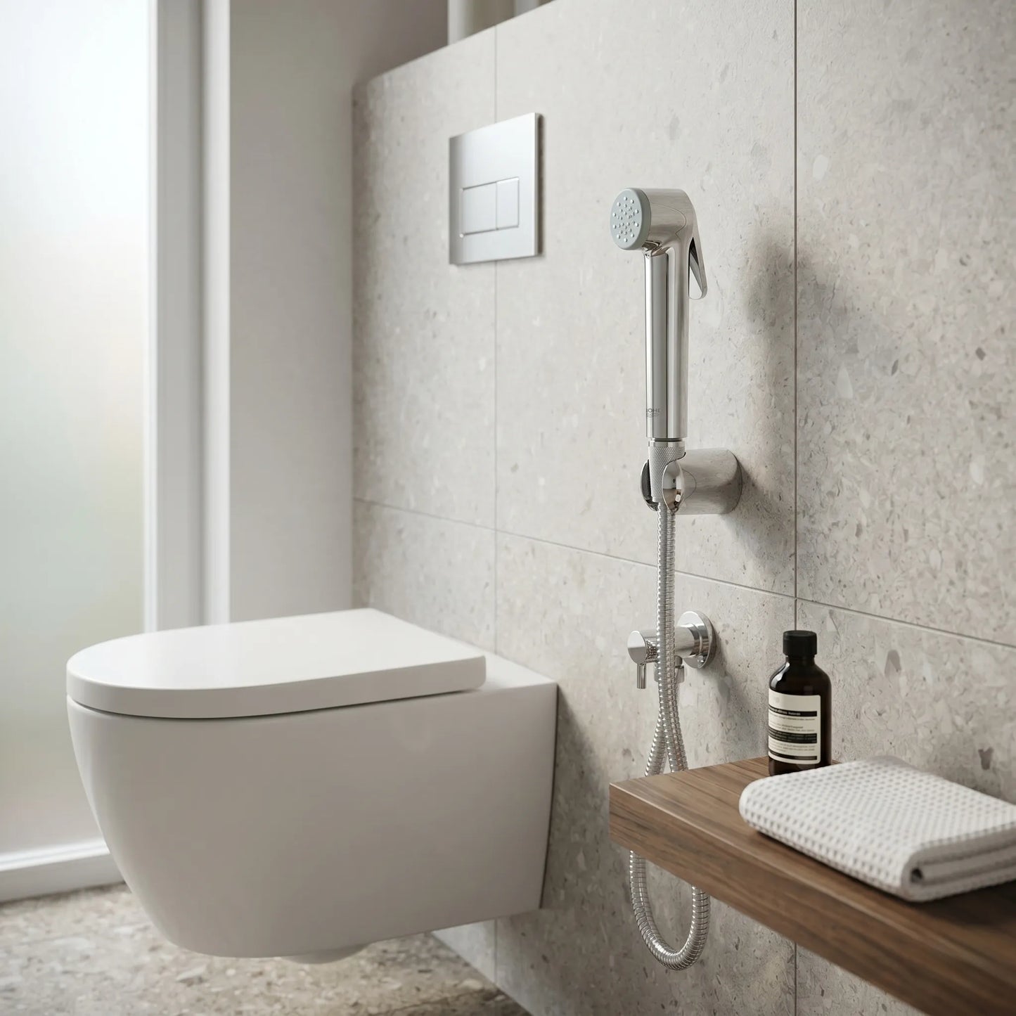 Wall-mounted GROHE Tempesta-F trigger spray installed in a modern marble bathroom next to a white ceramic toilet and luxury amenities.