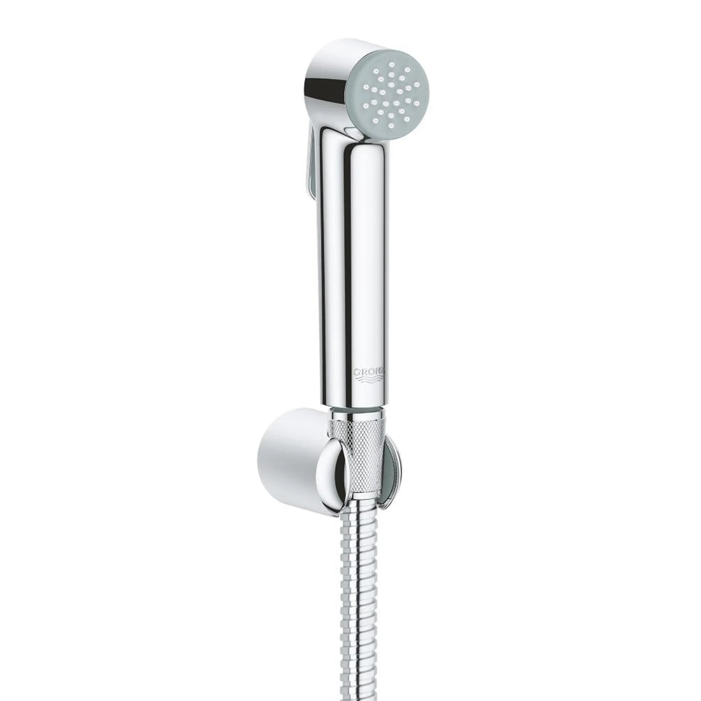 GROHE Tempesta-F 2635400F trigger spray set in chrome, including a round hand spray, silver shower hose, and a matching wall-mounted holder.