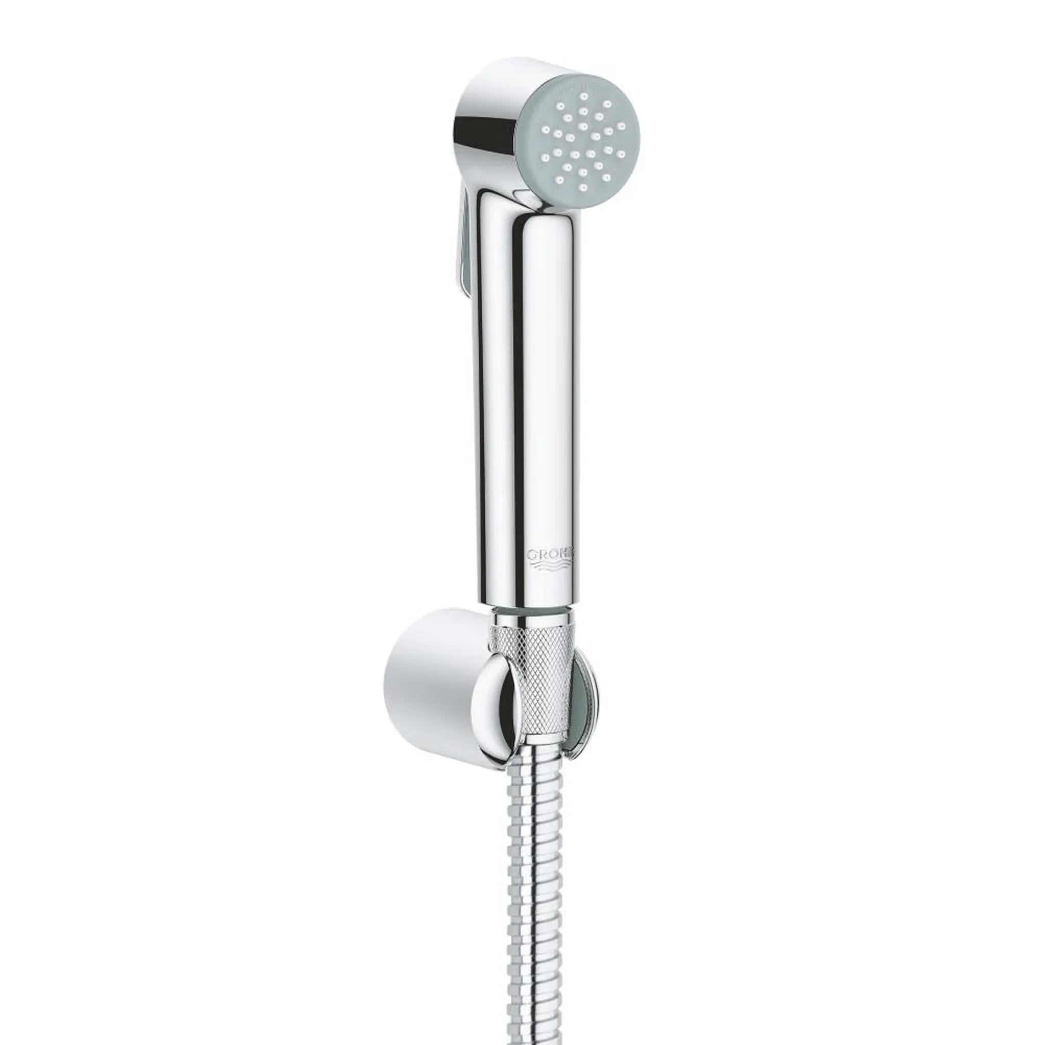 GROHE Tempesta-F 2635400F trigger spray set in chrome, including a round hand spray, silver shower hose, and a matching wall-mounted holder.